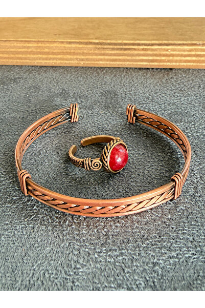 Rupen Kraft Handcrafted copper bracelet and natural stone ring set, adjustabl...