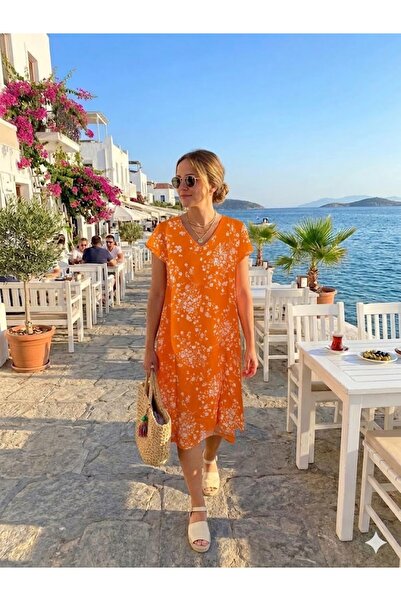 AYASOFYA OTANTIK Women's Ethnic Patterned Short Sleeve Midi Dress