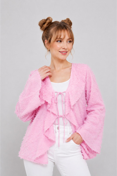 GLOW MUSE Önü Bağlamalı Püsküllü Jakar Kimono -Pembe