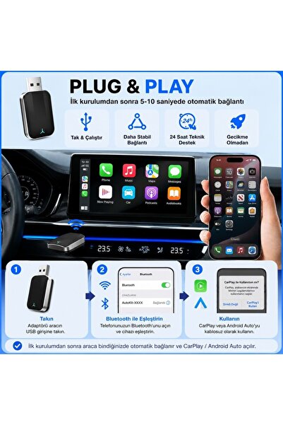Triline Kablosuz CarPlay Android Auto Mini 2in1 USB Wireless Carplay Dönüştürücü Type-C OTG Destekli