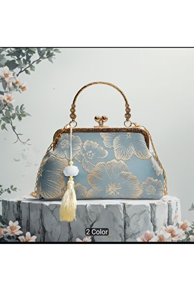 Z1 Home Trend Kadın Çanta Debriyaj Şekli Jakarlı İpek Kumaş Çift Taşıma Modla...