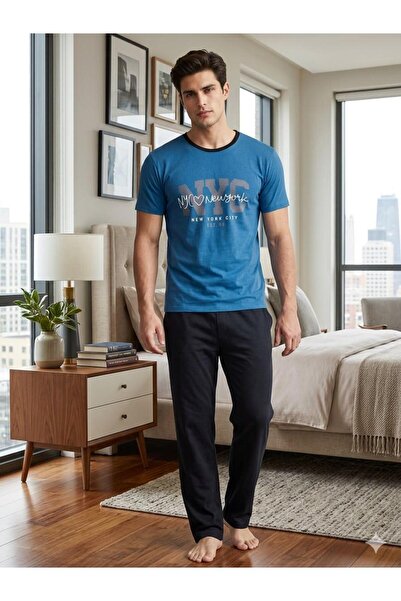 PİJALİNA Men's Cotton Short Sleeve Pajama Set