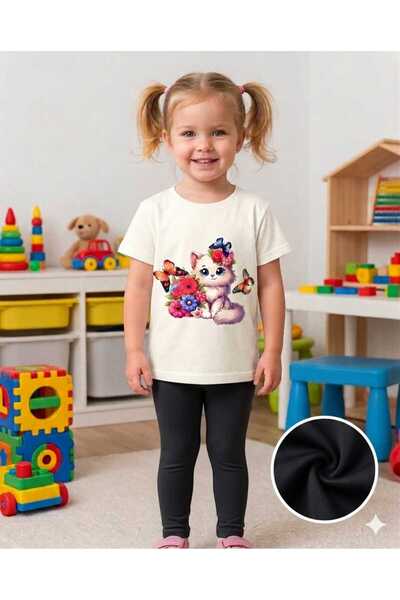 CINARIUM Girl's Black Scuba Fabric Leggings and Printed T-Shirt Set 2-8 Years...