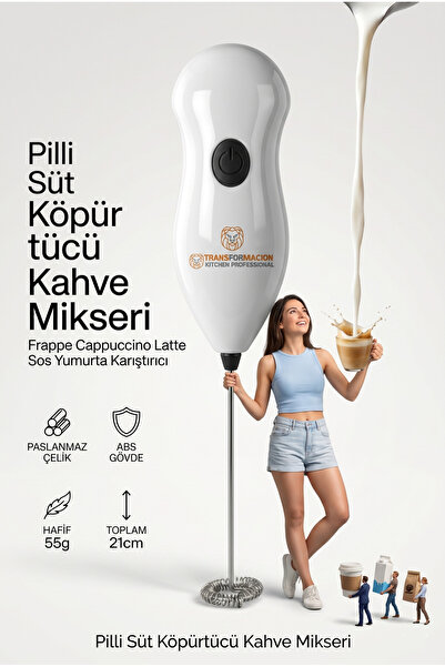 Transformacion Pratik Pilli Süt ve Kahve Köpürtücü Mikser - Mini El Çırpıcısı...