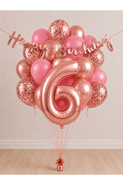 Balonsan -6- Age Rose Gold Happy Birthday Banner Themed Balloon Bundle 15 Pieces