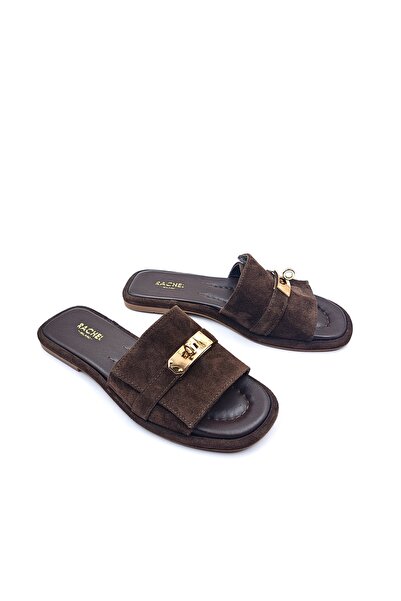 RACHELMILANO Genuine Suede Leather Flat Heeled Women's Brown Slippers