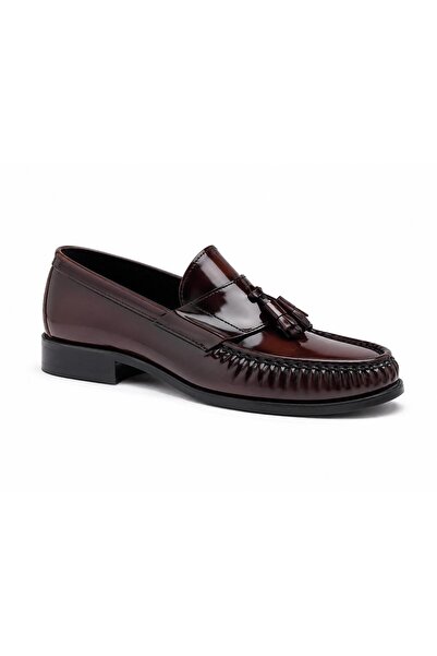 ARDENİM Men's Burgundy Patent Leather Tasseled Loafer Shoes-Short Heeled Clas...