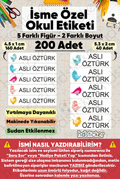 hdsticker 200 Adet Kuş Desenli İsme Özel Okul Etiketi Kişiye Özel İsim Baskıl...