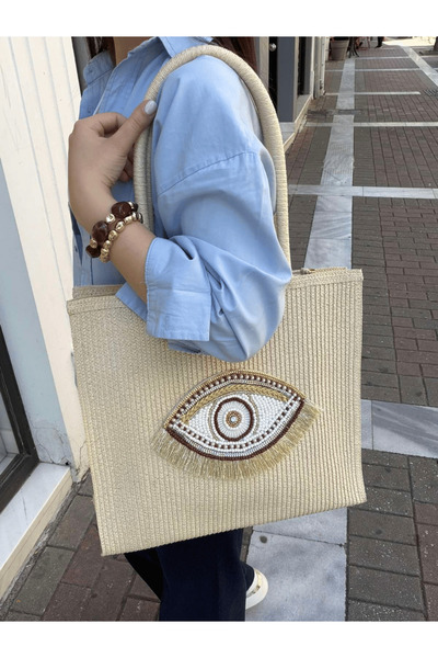 AngelsAccessories Γυναικεία Ψάθινη Τσάντα Ώμου με Evil Eye Σχέδιο