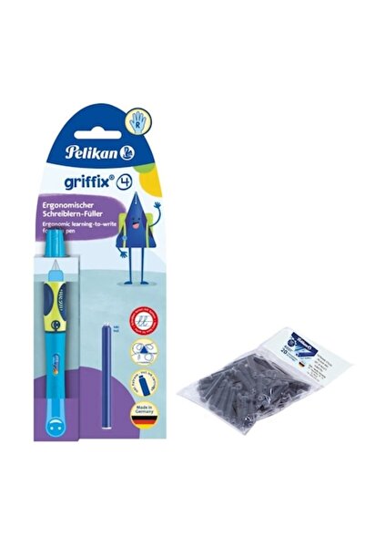 Pelikan Stilou Griffix, pentru dreptaci, culoare albastru neon, blister, cu 2...