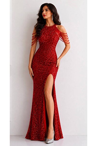 elissaa HALTER YAKA BONCUK DETAYLI YIRTMAÇLI PULPAYET ABİYE ELBİSE