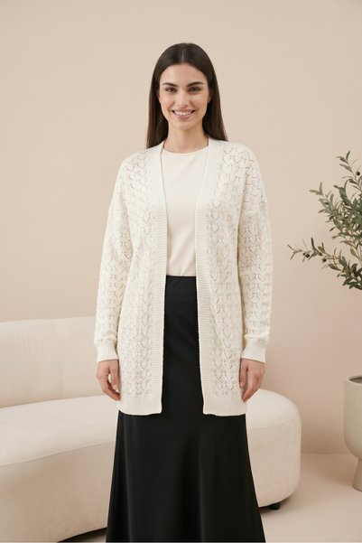 SADEL Desenli Ajurlu Oversize Triko Hırka - Ekru