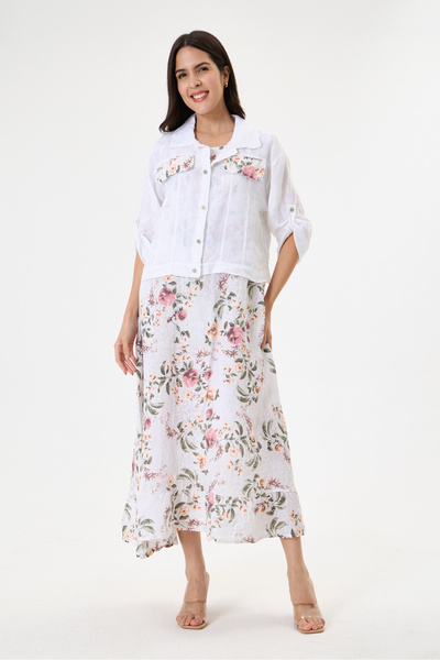 della moor White Italian 100% Linen Floral Patterned Double Linen Suit with Jacket Size 38 - 44