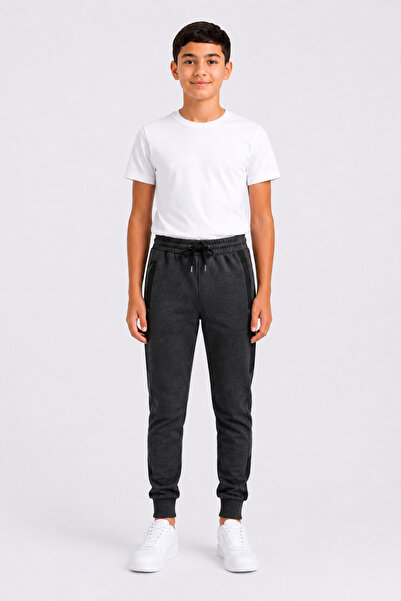 Marco Ferry Boy's Cotton Striped Detailed Sweatpants Anthracite Melange-26119