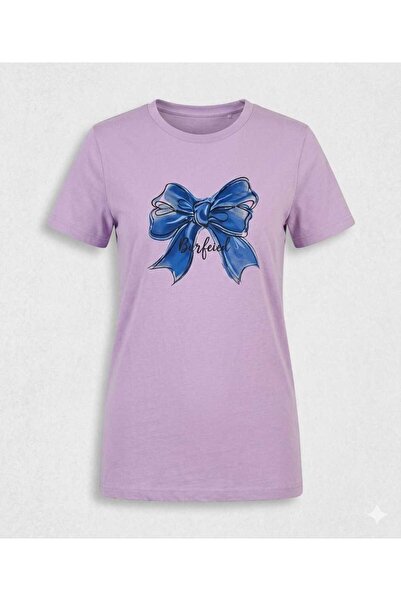 KOZİA OUTDOORS Women's Blue Bow Print Oversized Crew Neck T-Shirt