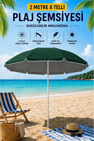 Penthouse 2 Metre 8 Telli Plaj Şemsiyesi Bükülebilir Mekanizmalı Bahçe Balkon...