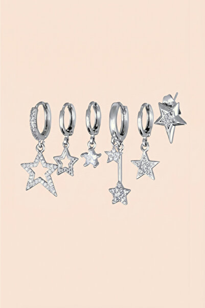 Hetra Silver Colored Zircon Stone Multi-Star Figured Dangle Earrings Set of 6
