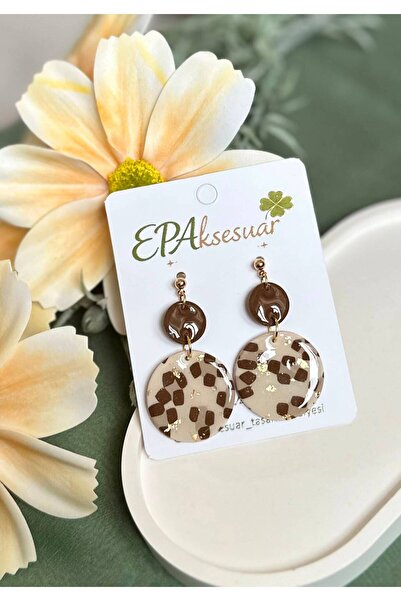 EPAksesuar El Yapımı Leopar Desenli Polimer Kil Sallantılı Küpe