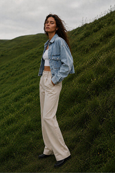 Safari Women's Washed Denim Shirt Jacket Double Pockets Crop Jean Shirt