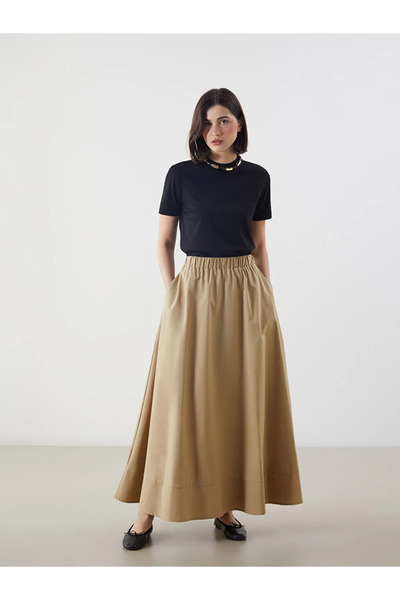 LC Waikiki Khaki Elastic Waist Poplin Flared Skirt