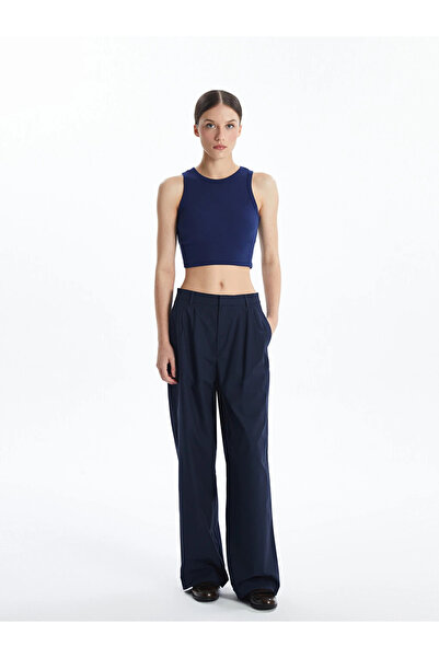 LC Waikiki Navy Blue Crew Neck Textured Women's Crop