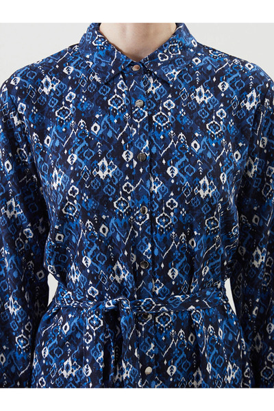 LC Waikiki Navy Blue Patterned Linen Blend Women's Shirt Dress