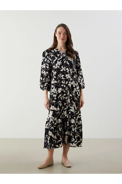 LC Waikiki Black V-Neck Floral A-Line Dress