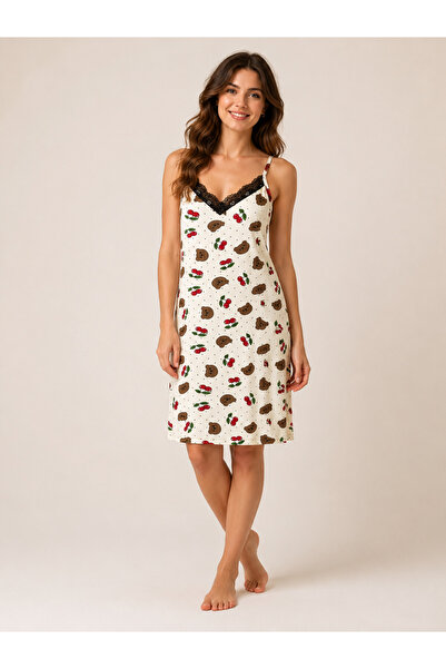Trendline Women's Cotton Soft Cherry Teddy Bear Printed Nightgown Dress