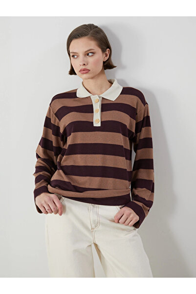 LC Waikiki Burgundy Polo Neck Striped Women's T-Shirt