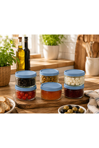 EVORRA LİVİNG 6-Piece Glass Breakfast Set 425 Cc |   Soft Blue Lid Storage Co...