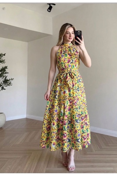 Trendline Women's Halter Neck Woven Fabric Summer Floral Dress