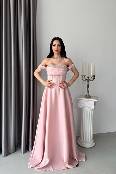 Serica Moda Pudra Düşük Kol Taş İşlemeli Balenli Uzun Abiye Elbise