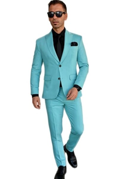 Sunt Romanesc Costum bărbătesc, croială slim, turcoaz deschis, casual, mărimea S
