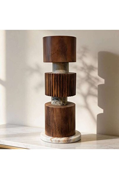 PAN HOME Ezra Wood Marble Table Abstract Totem 20x20x48cm - Brown
