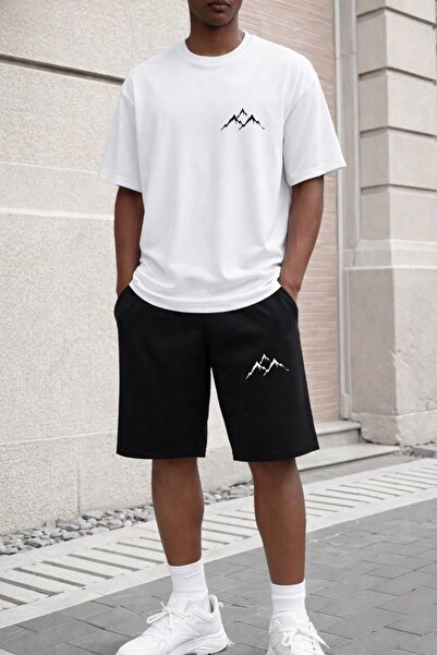 x-compass life Unisex Oversize Mountain Patterned Shorts Set – Minimal Street...