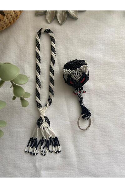 Handmade KUM BONCUK EL İŞİ SİYAH BEYAZ SALLAMA TESBİH VE GÜL ANAHTARLIK
