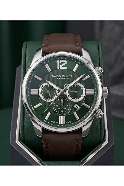 DAVID GUNER San Diego Men's Watch 45mm Green Dial Silver Case Leather Multifu...