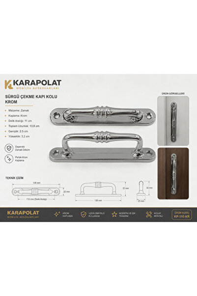 KARAPOLAT Krom Sürgü Kapı Kolu 1 Adet | Kıvrık Çekme Kolu | Dolap, Gardırop v...