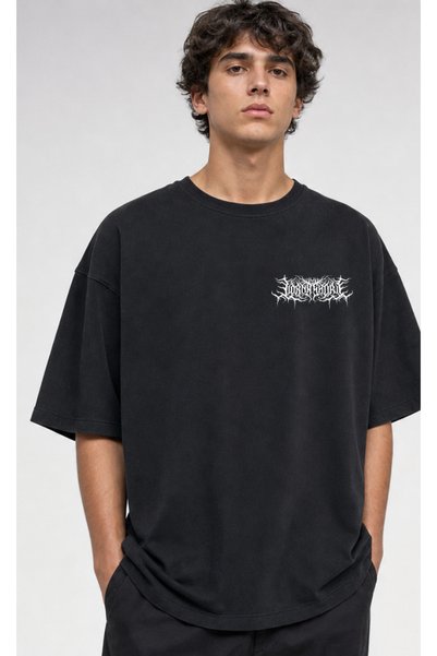 OPPPSSS Tricou negru oversize Lorna Shore, cu imprimeu pe față și pe spate, î...
