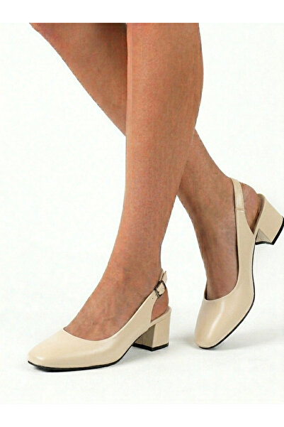 NZN Genuine Leather Beige 4 cm Heeled Square Toe Classic Sandals Shoes