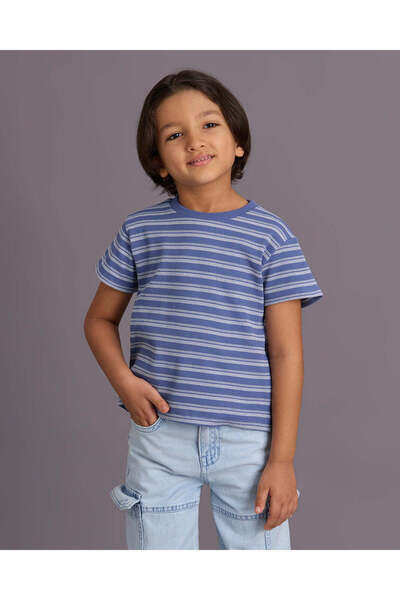 REDTAG Boys Blue Striped Waffle Knitted T-shirt