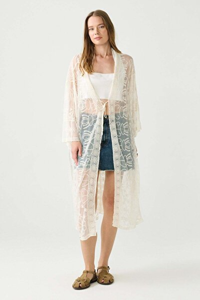 C&City Lace Detail Front Tie Long Beach Dress Beige