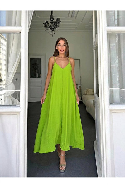 OXEDCO Long Green Color Stylish Dress with Adjustable Strap