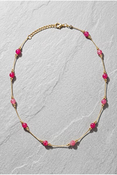 Mijja Natural Pink Agate Stone Gold Color Lacquer Coating Non-Tarnish Stainle...