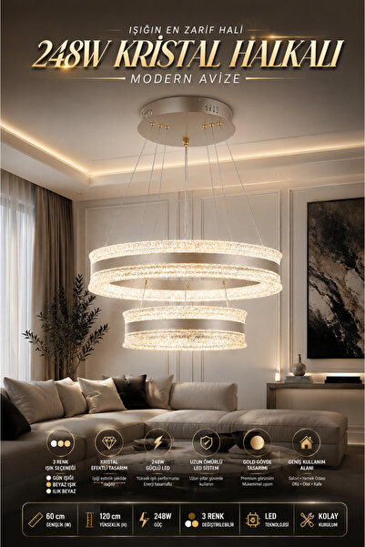 Elvora Home Modern (PREMİUM) LED Kristal Halkalı Sarkıt Avize Gold Kasa Salon...