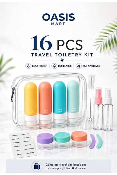 OASIS MART 16-Piece Travel Bottle Set for Toiletries – TSA Approved Leak-Proo...