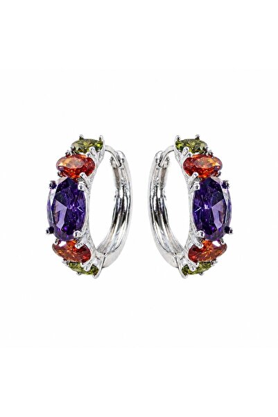 Zeino Çok Renkli Zirkon Taşlı Halka Küpe - Beyaz Altın Kaplama - 18 mm çap