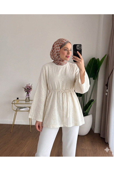 RFK Butik Women's Bell Sleeve Scallop Belted Blouse Tunic - Beige