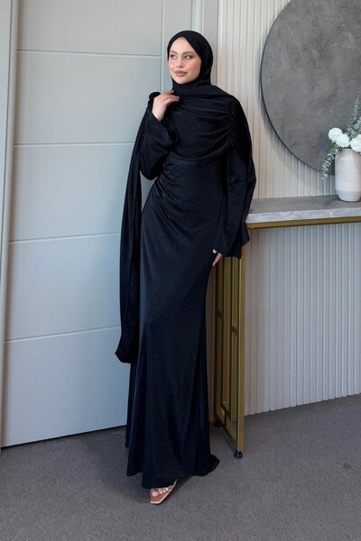 Şulemoda Giyim Orkide Shoulder Floral Evening Dress Black