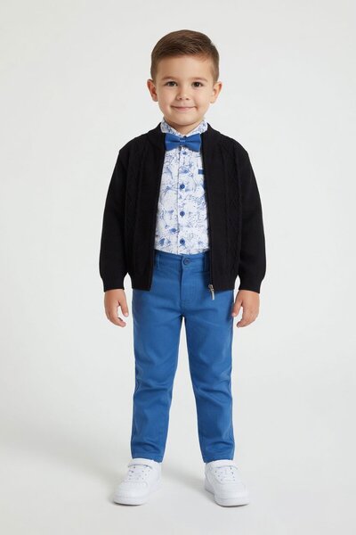 Cansın Mini Blue Linen Trousers, Cardigan and Boy's Shirt 3-Piece Set 24548